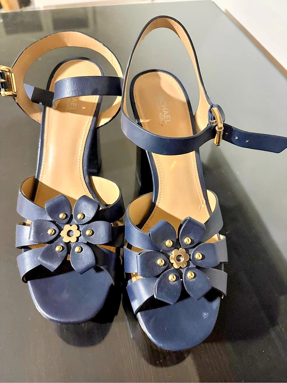 Michael Kors Floral Ankle Strap Heels in Blue